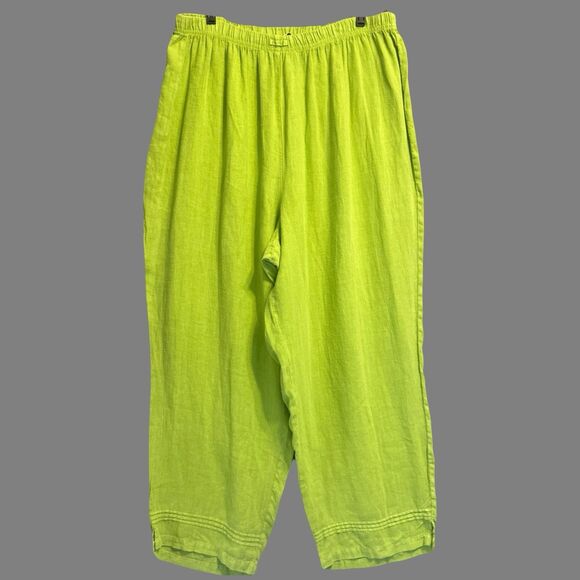 100% Linen Wide Leg Pants Elastic Waist Pull On Size 20W Green Lagenlook Coastal - Picture 1 of 7